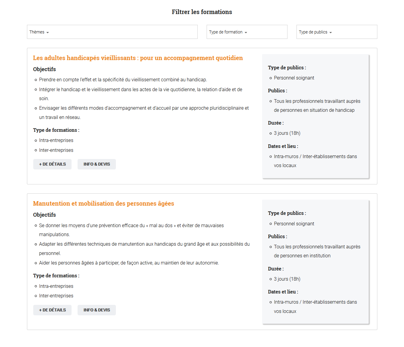 Capture d'écran du nouveau site internet de l'Oareil qui représente un exemple de résultat de tri par filtre des formation proposées par leur service de formation en gérontologie.