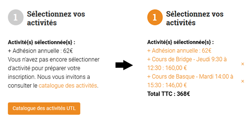 Capture d'écran du nouveau site internet de l'Oareil qui représente l'évolution des contenus affichés correspondant à la première étape à réaliser par l'internaute pour s'inscrire aux activités de l'UTL.