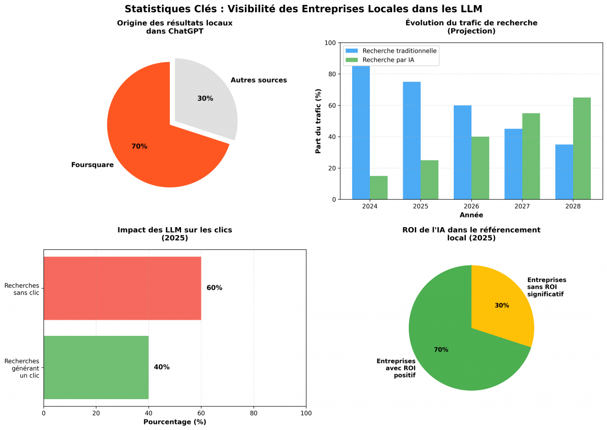 Infographie présentant les statistiques clés sur l'impact de l'IA sur la recherche locale.