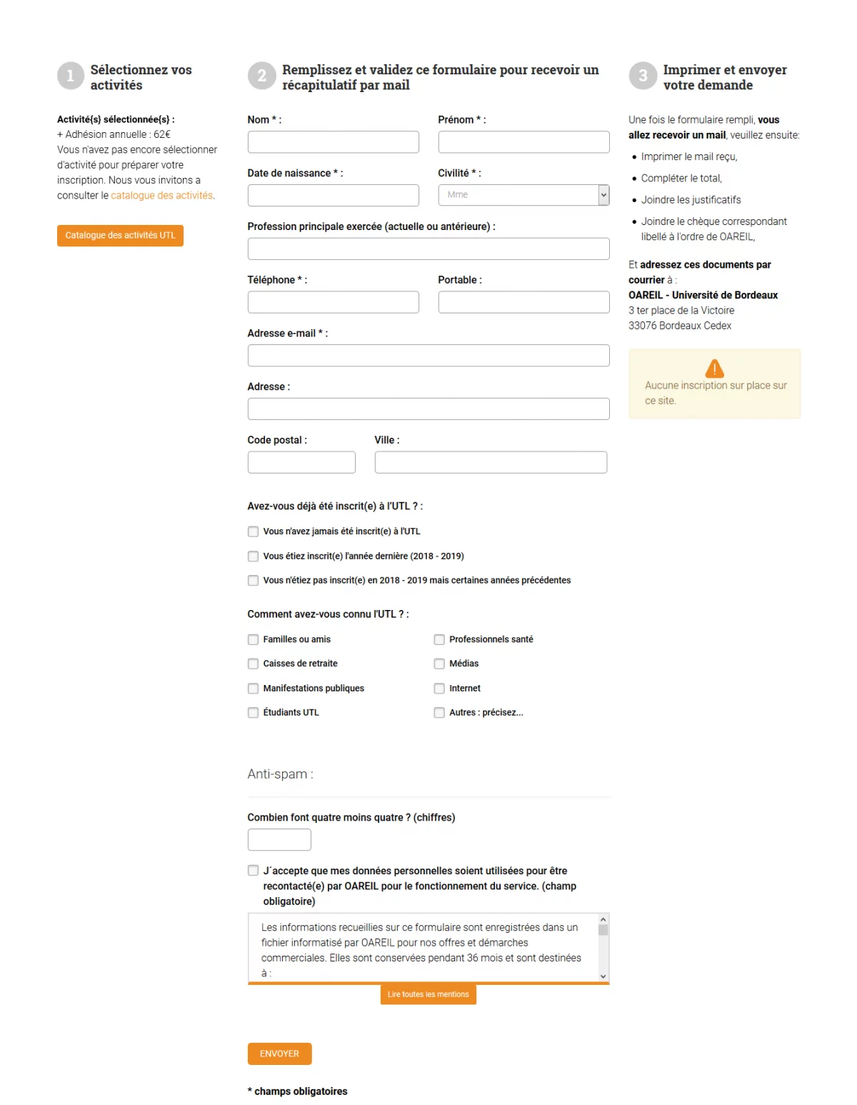 Capture d'écran du nouveau site internet de l'Oareil qui représente la page du site consacrée à la démarche d'inscription aux activités de l'Université du Temps Libre (UTL). Dans cette page on repère facilement les trois étapes par lesquelles devra passer l'internaute qui souhaite s'inscrire ainsi qu'un formulaire qu'il doit remplir et qui correspond à la seconde étape à réaliser.